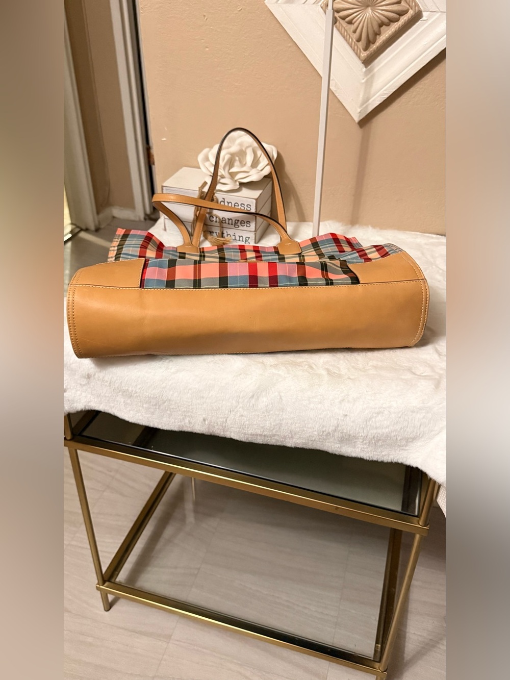 Tory Burch Multicolor Plaid Tote with Tan Leather Trim - Picture 12 of 13
